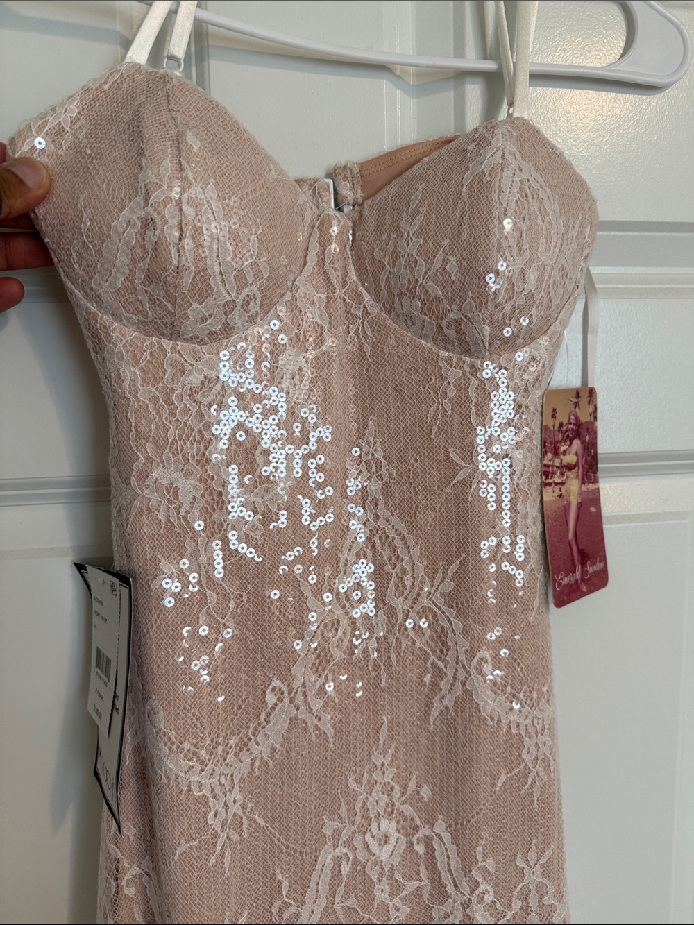 Macy's Blush Pink Sequin Lace Strapless Evening Gown - Picture 4 of 8
